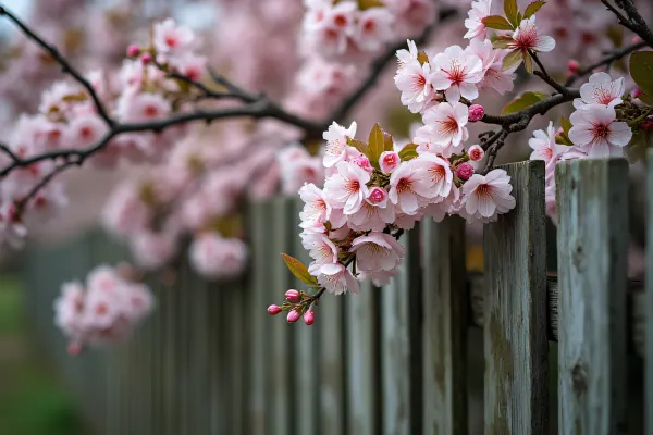 Flowering Tree Beside Weathered Wooden Fence