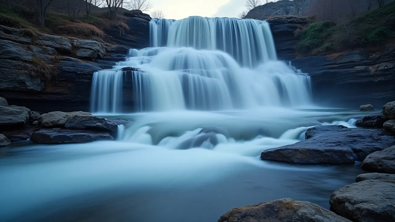 Long-exposure image of streams cascading over rocky terraces with blurred motion.