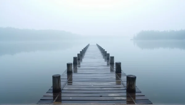 Foggy Lake Dock Low-Angle View Wooden Planks