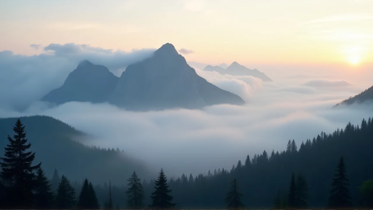 A foggy mountain ridge at dawn with a pine forest in silhouette.