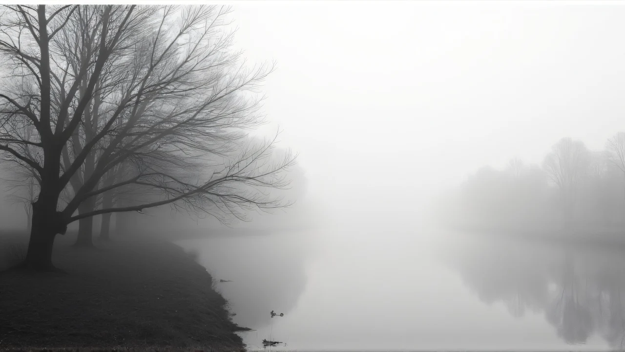 High-contrast grayscale study of bare trees by a foggy river.