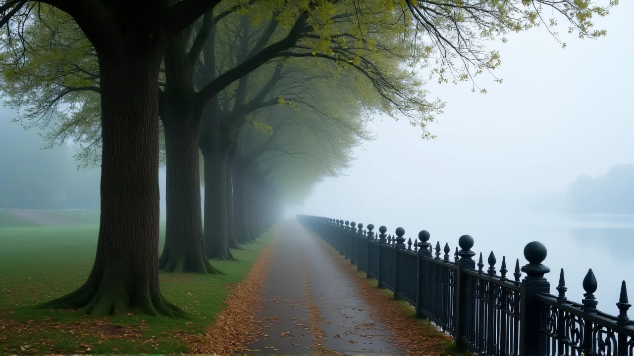 A foggy riverside path lined with trees and ornate iron railings.