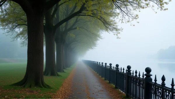 Foggy Riverside Path With Trees And Railings