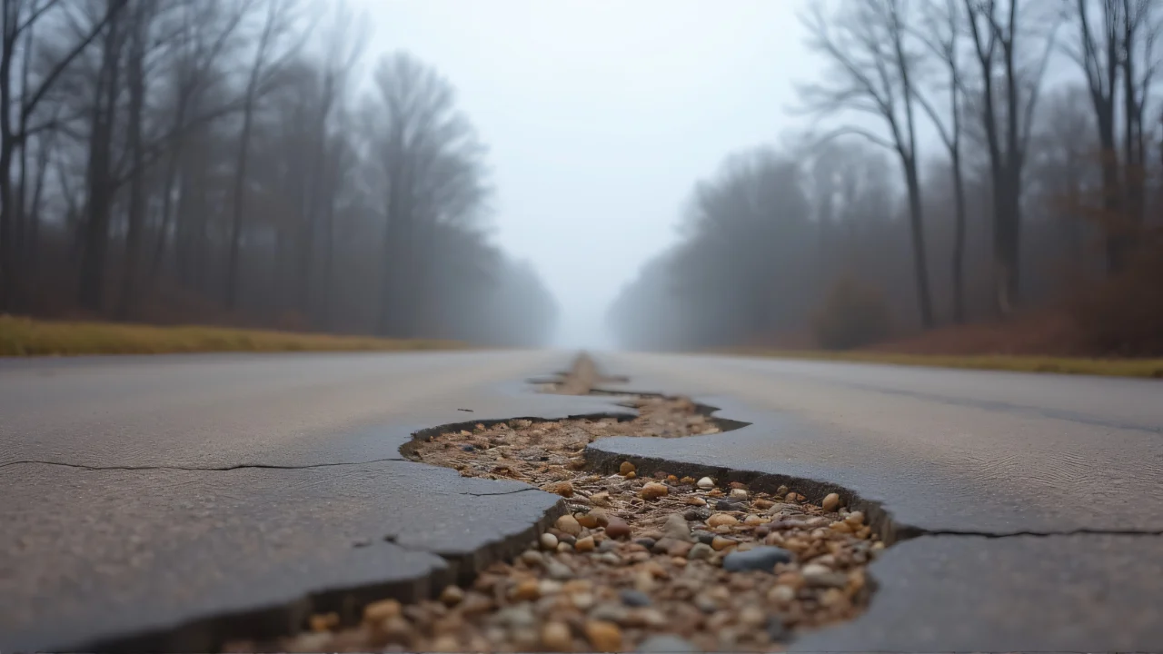 Low-angle view of a cracked concrete road lined with bare trees in fog.