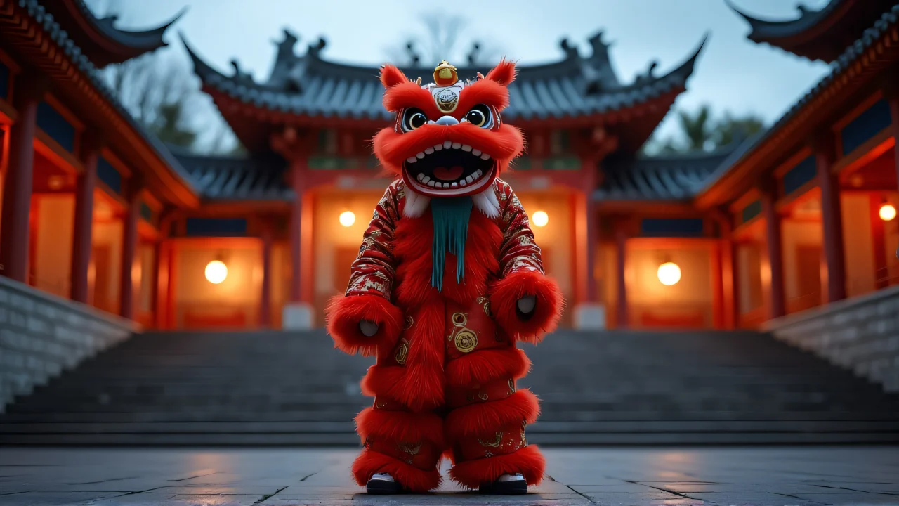 A person in a Foo Dog costume stands proudly on temple steps at dusk.