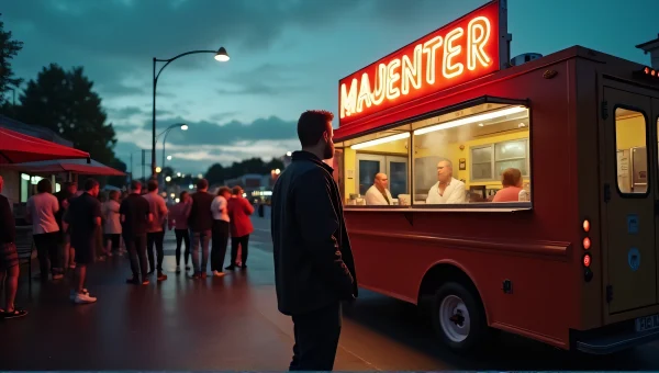 Food Truck Dusk Scene With Waiting Patrons