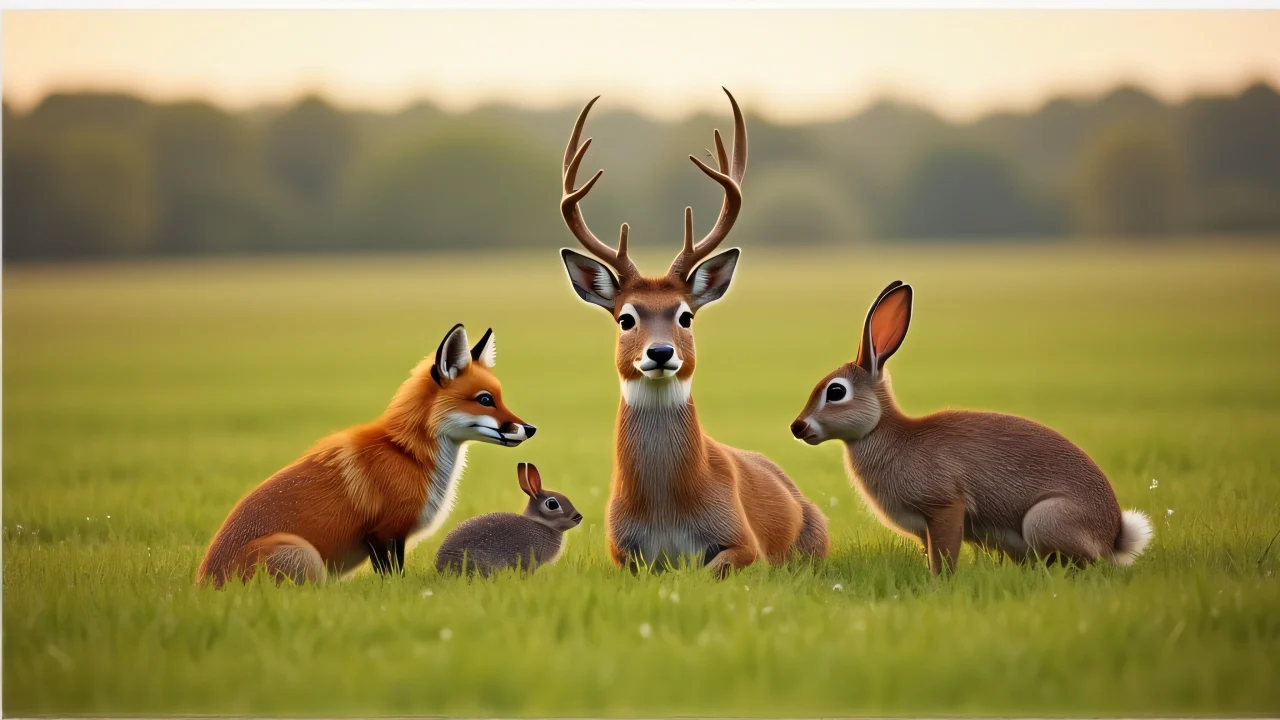 A fox, deer, rabbit, and hedgehog gathered in a grassy field under soft afternoon light.