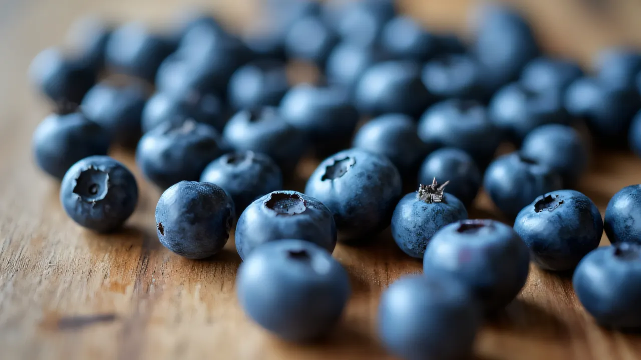Close-up of fresh blueberries scattered on wood.