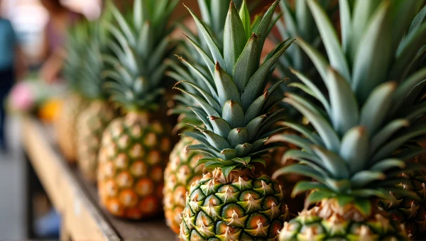 Fresh Green Pineapples On Market Table
