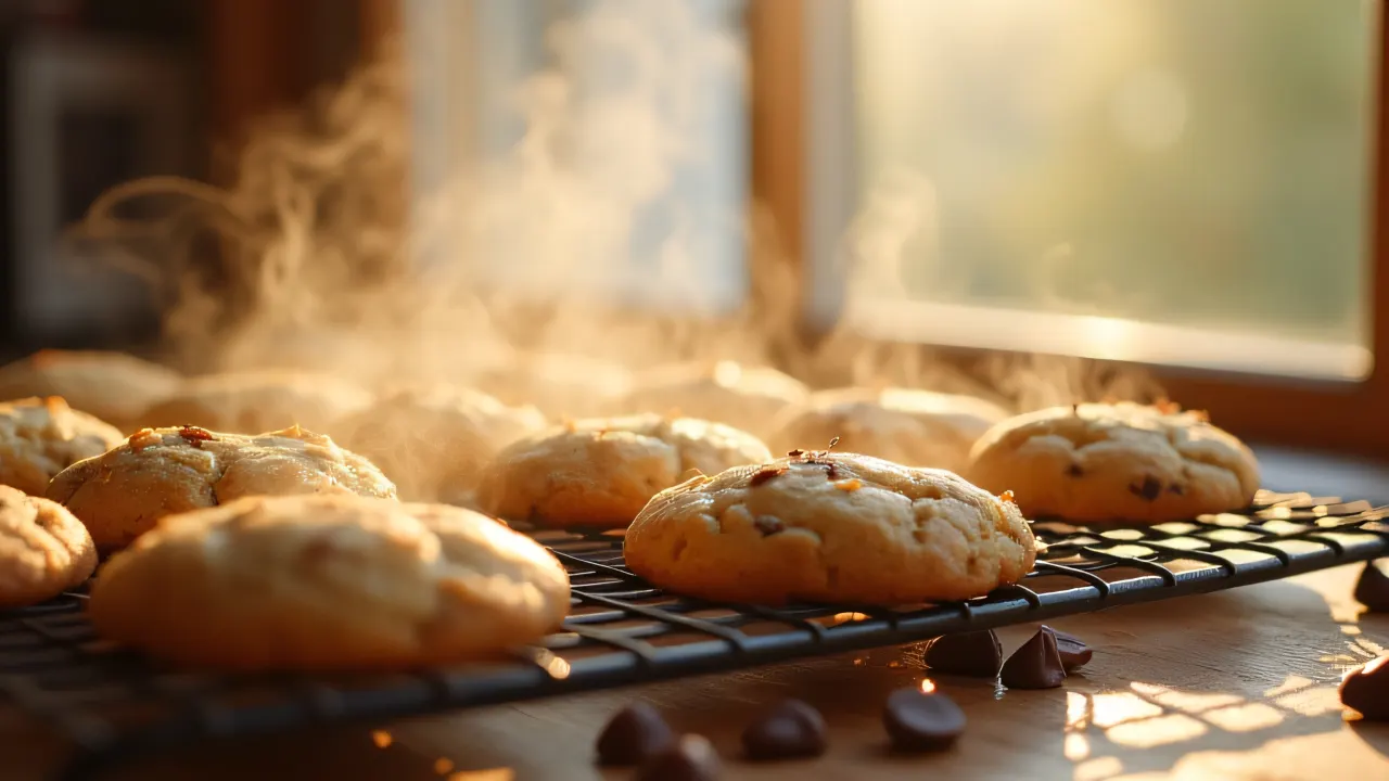 Close-up of warm cookies cooling on a rack with chocolate chips.