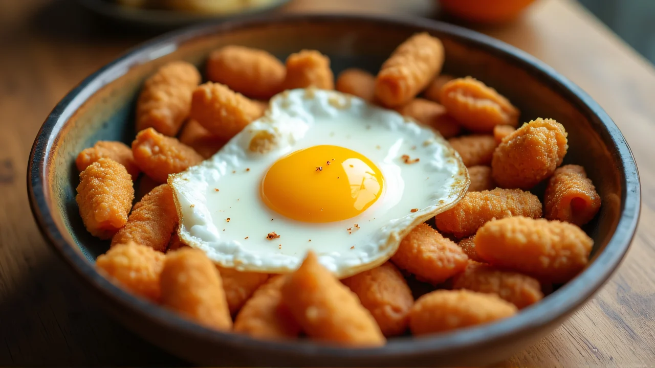 Overhead view of a bowl with fried pieces and a sunny-side-up egg on a kitchen table.