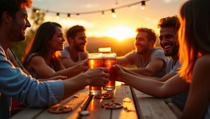 Friends Clinking Beer Bottles at Sunset Picnic