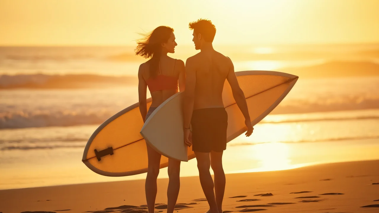 Two friends hold a surfboard on the beach during golden hour.