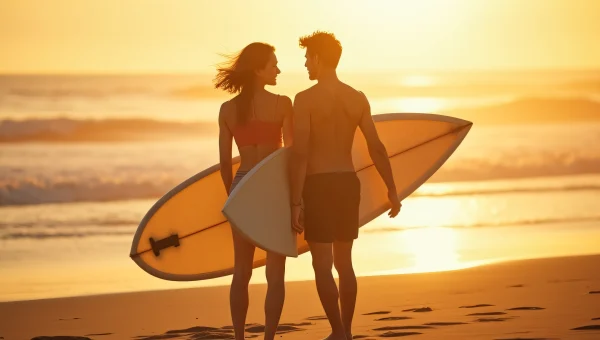 Friends Surfing Together on Beach at Sunset
