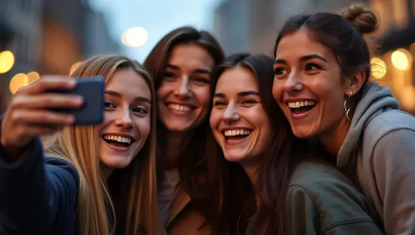 Friends Taking Selfie In City Lights Evening