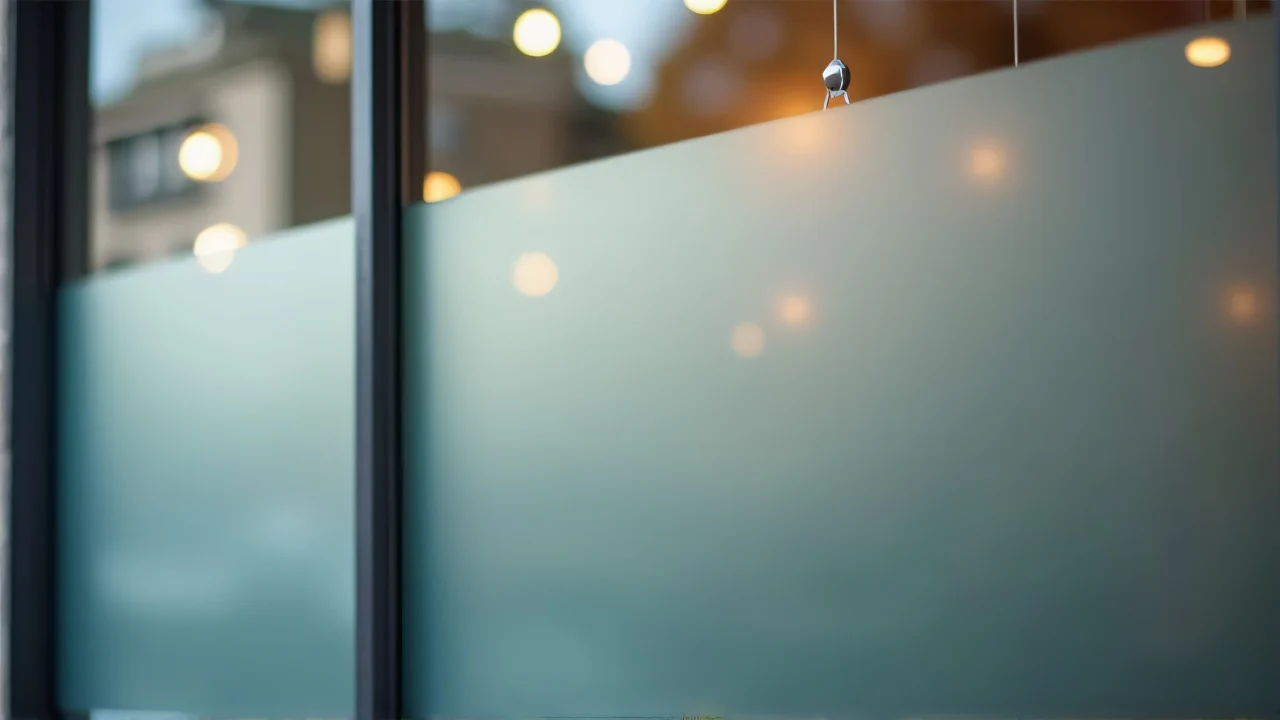 Close-up of a frosted glass storefront featuring simple vinyl signage, softly lit from behind.