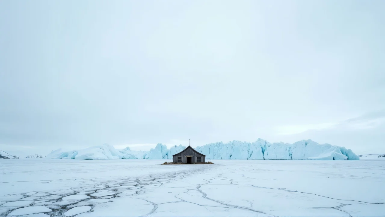 A weathered cabin stands in a vast frozen tundra under a pale sky.