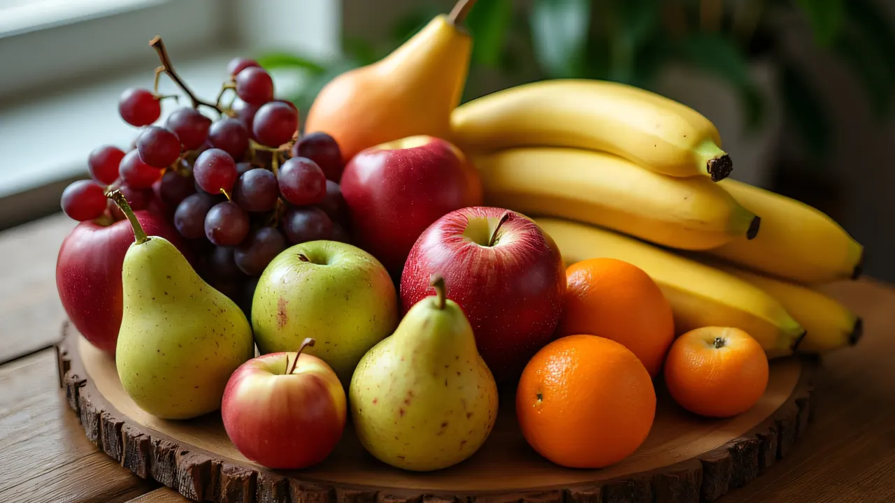 An assortment of fruits including apples, pears, and grapes arranged on a wooden board with soft light.