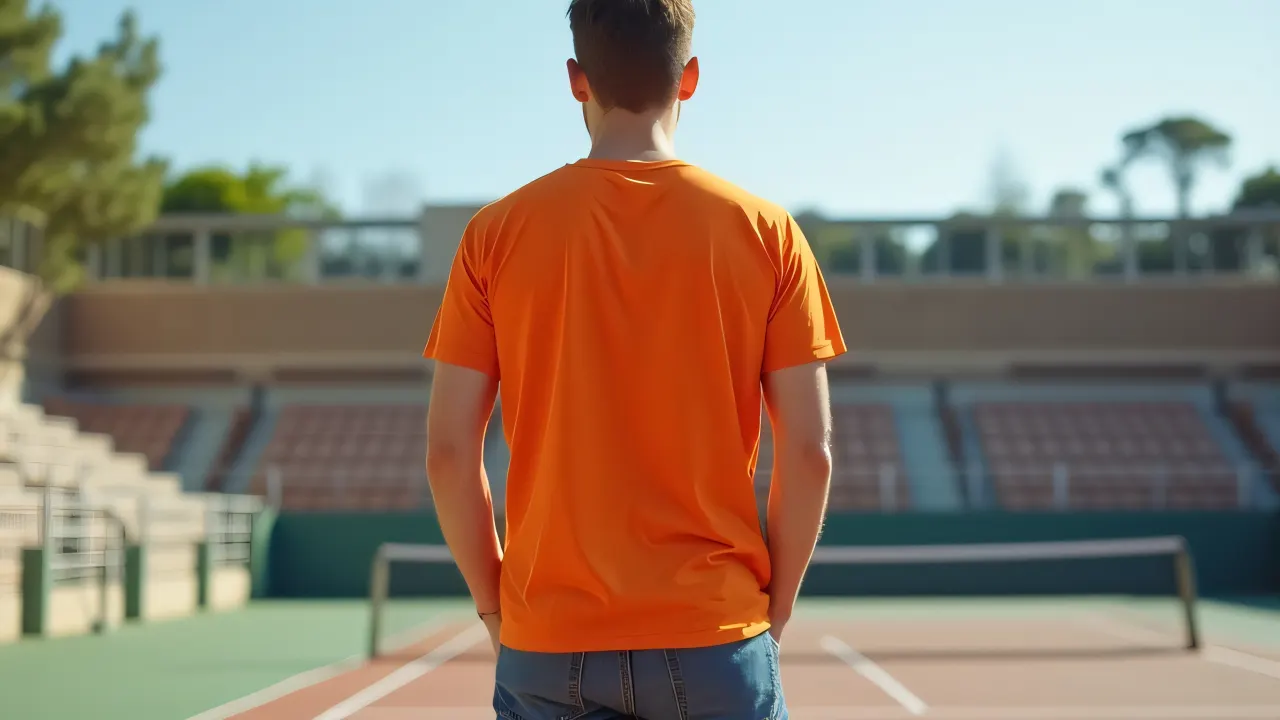 A man stands confidently in an orange T-shirt and blue jeans on a basketball court.