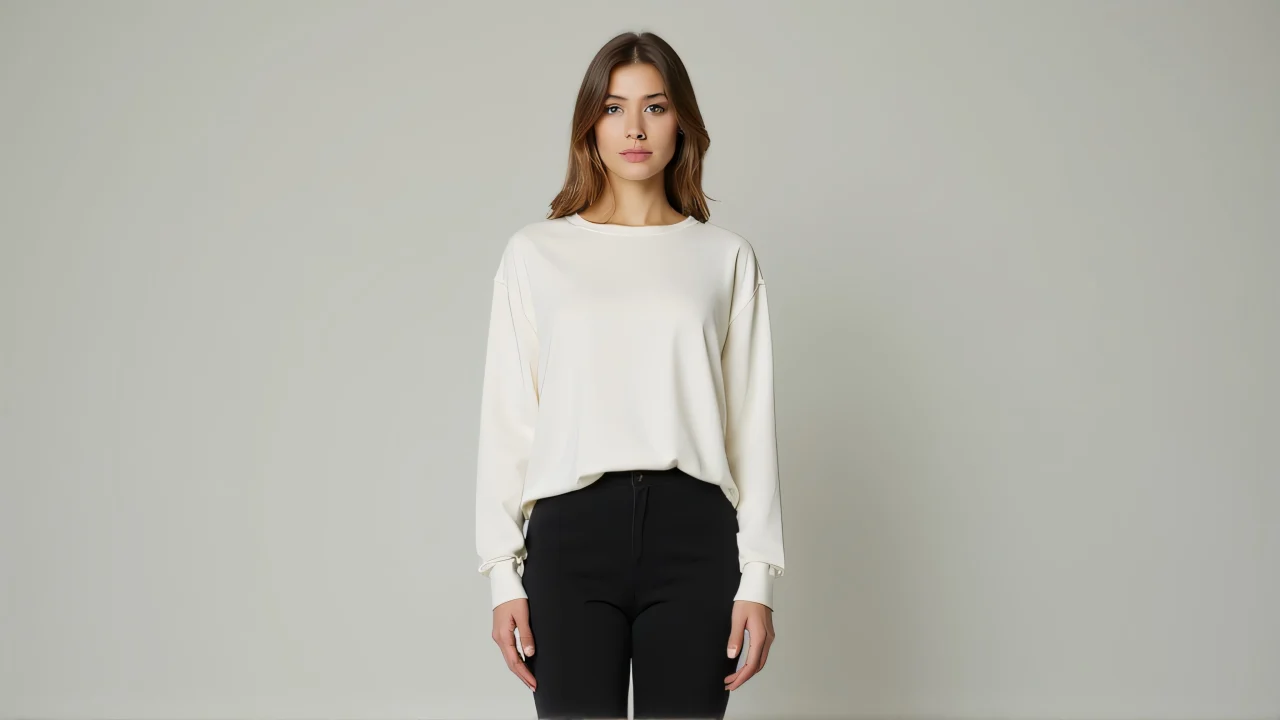 A full-body portrait of a woman in a white top and black pants standing relaxed with hands at her sides.