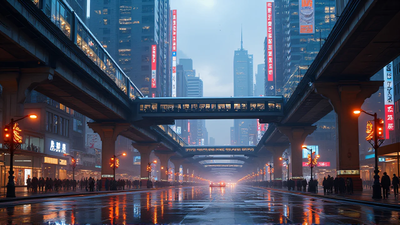A futuristic cityscape at dusk featuring neon signs and elevated trains.