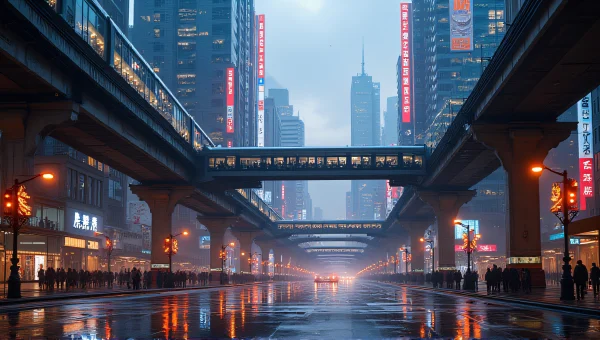 Futuristic Cityscape Dusk Neon Signs Elevated Trains