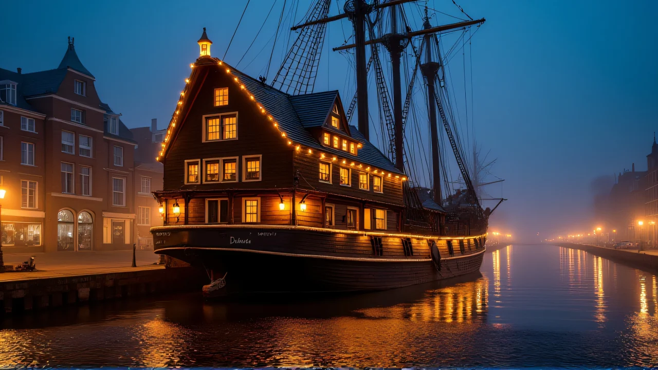 A galleon ship-themed building moored at night with glowing lanterns and mist.