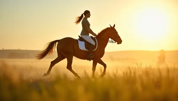 Galloping Horse Rider in Sunlit Meadow Landscape