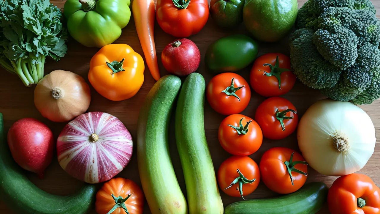 Overhead view of assorted garden produce on a wooden table.
