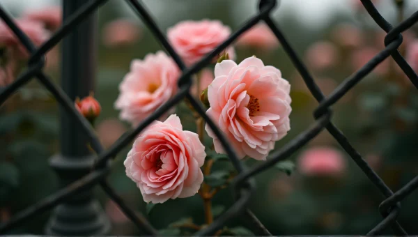 Garden Roses Through Chain-Link Fence Close-Up