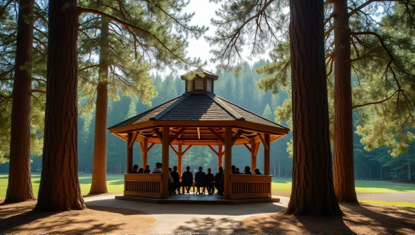 Gathering in Gazebo Under Pine Trees