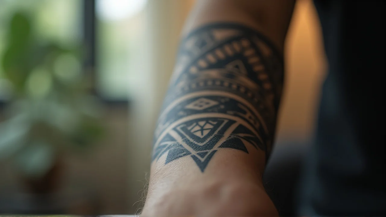 Close-up of a forearm tattoo featuring geometric designs with a soft bokeh background.