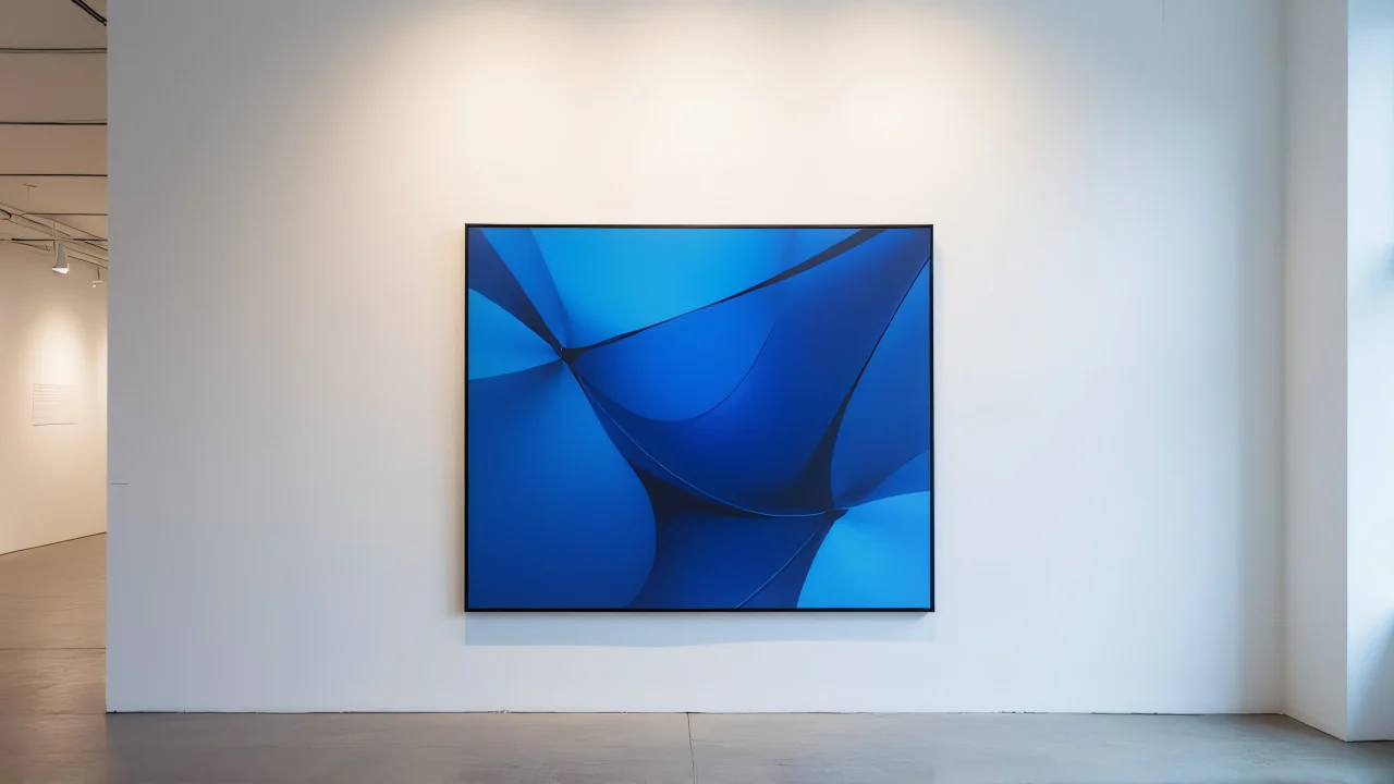 A geometric abstraction in cobalt hues displayed on a gallery wall.