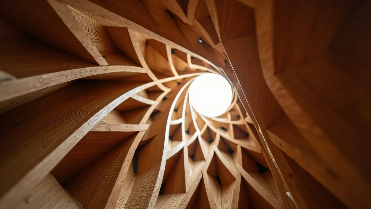 Low-angle view of brown wooden art showcasing geometric paneling and textures with soft lighting.