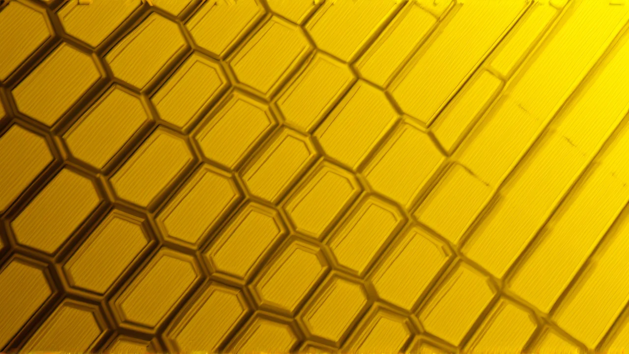 Close-up of a diagonal yellow and black geometric pattern with hexagons and stripes.