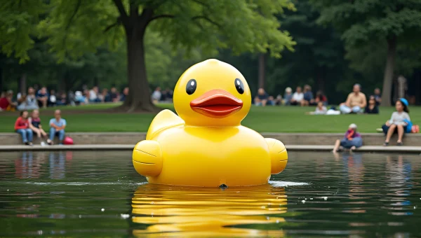 Giant Rubber Duck In Calm Park Pond Scene