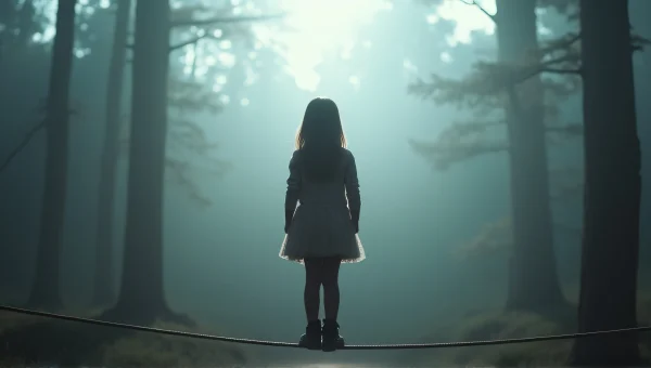 Girl Balancing on Rope in Foggy Forest