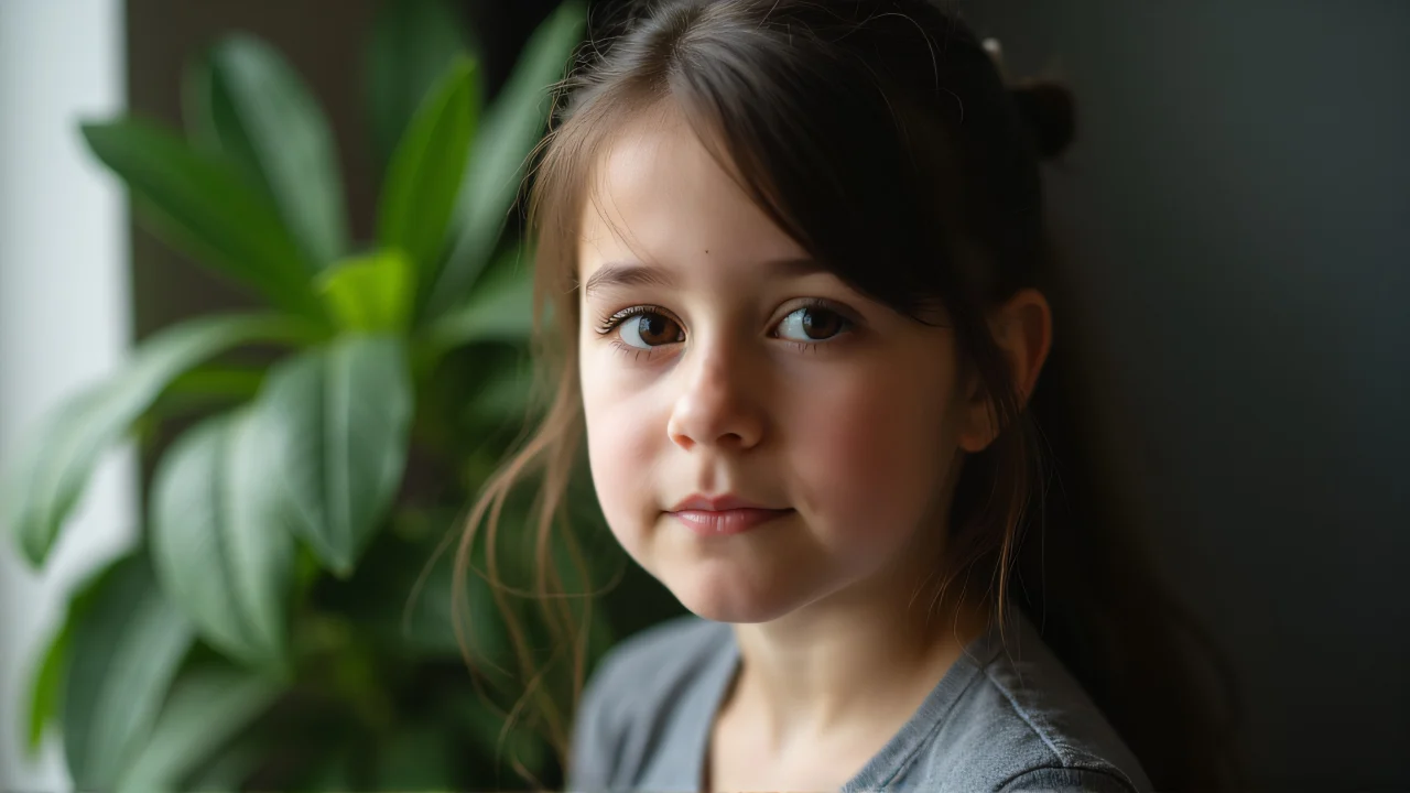 Close-up portrait of a girl in gray top next to indoor plants.