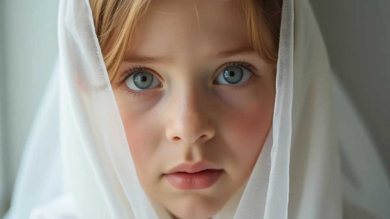 Close-up portrait of a girl in a white veil with soft lighting.