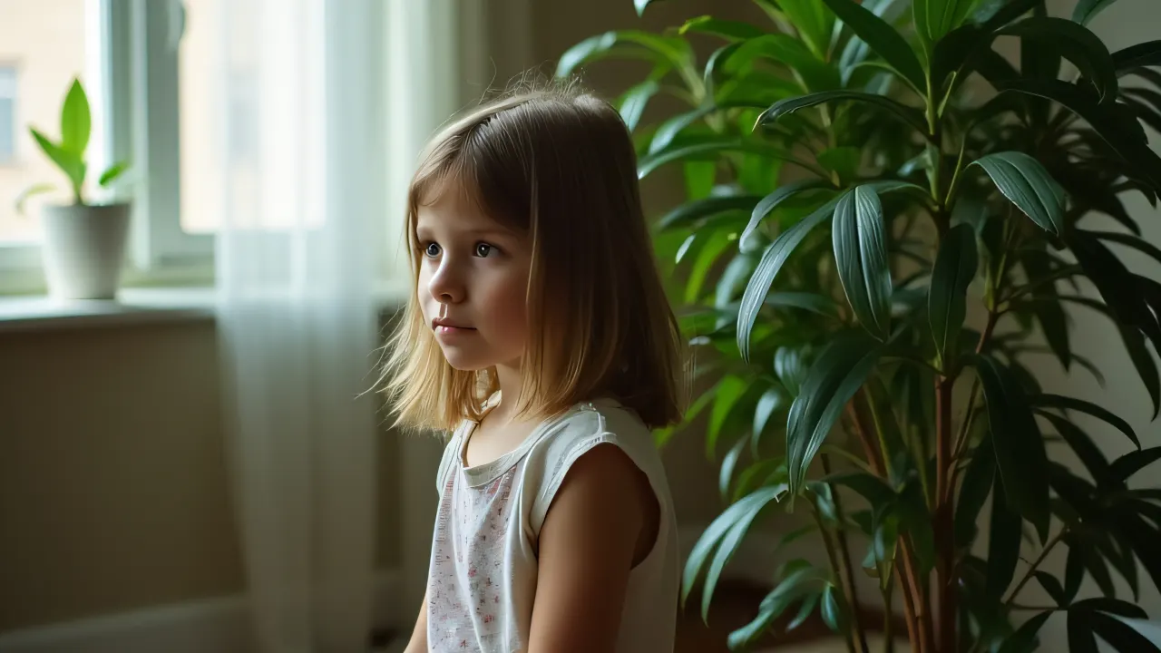 A girl sits next to a tall potted ficus, illuminated by natural light.