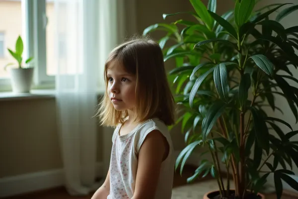 Girl Sitting Beside Potted Ficus Plant
