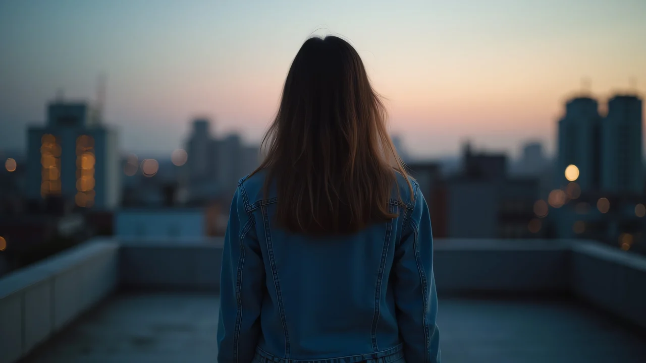 A girl in a denim jacket stands on a city rooftop at dusk with blurred buildings behind her.