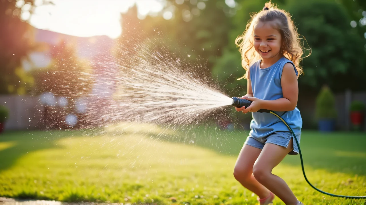 A girl joyfully watering grass in her backyard with a hose under sunlight.