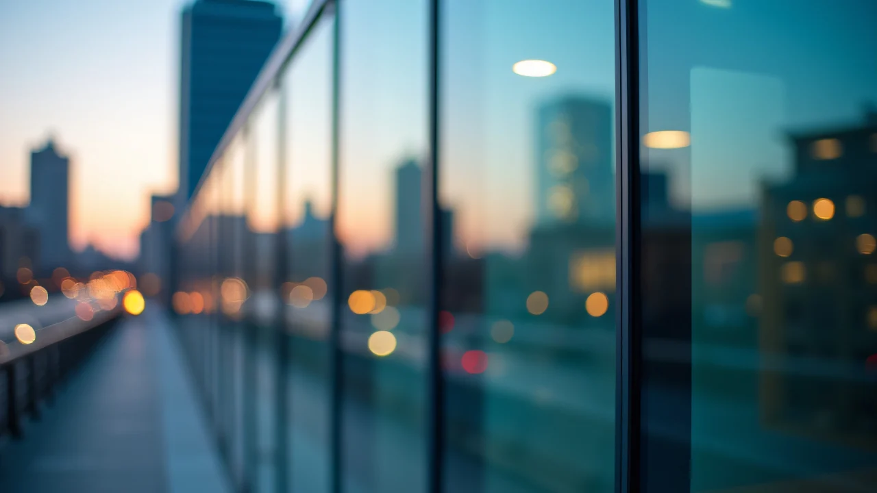 Selective-focus image of a glass building facade with evening light and reflections.