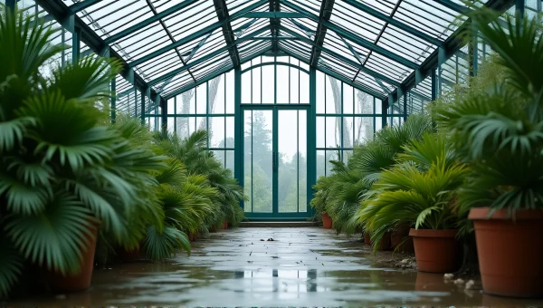 Glass Greenhouse With Potted Plants and Pathway