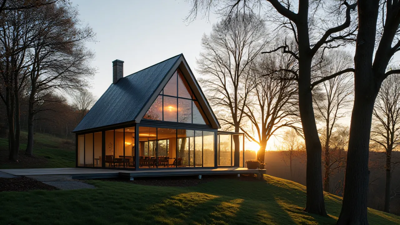 A transparent glass house beside tall trees reflecting evening light.