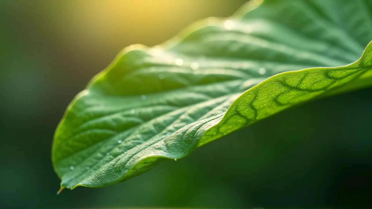 Macro view of shiny leaf surfaces showcasing textures and light play.