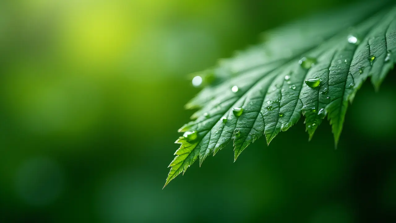 Macro shot of a glossy leaf fragment showcasing water droplets and intricate textures.