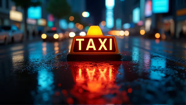 Glowing Neon Taxi Sign Reflections at Night