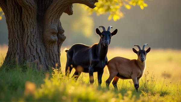 Goats Beside Gnarled Tree In Sunlit Pasture